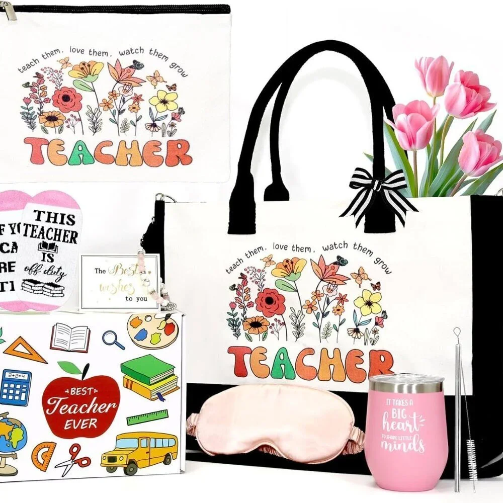 Teacher Appreciation Gift Set Canvas Tote Bag Cosmetic Pouch Thermos